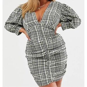 ASOS Curve Design Ruched Check Print Puff Sleeve Retro Mini Dress Size 22 NWT